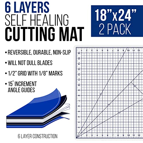 U.S. Art Supply - Pack of 2-18" x 24" White/Blue Professional Self Healing 5-6 Layer Double Sided Durable Non-Slip Cutting Mat Great for U.S. Art Supply