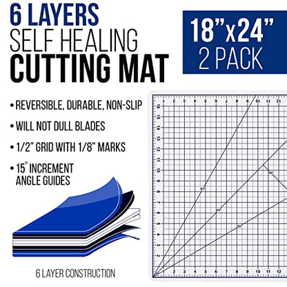 U.S. Art Supply - Pack of 2-18" x 24" White/Blue Professional Self Healing 5-6 Layer Double Sided Durable Non-Slip Cutting Mat Great for