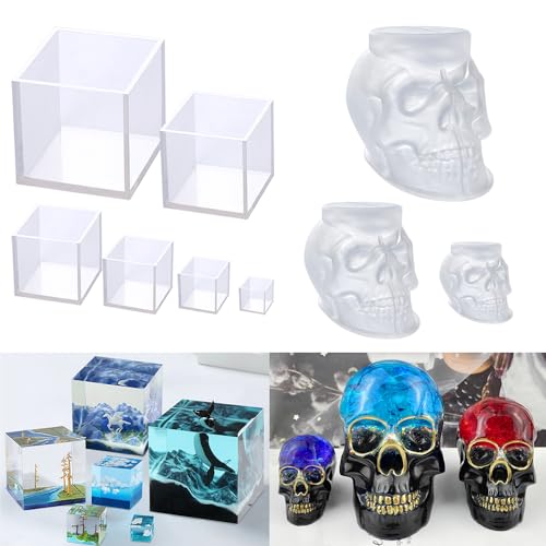 RESINWORLD Set of Large Medium Small Clear Skull Resin Molds + Set of 4", 3", 2", 1.5", 1", 0.5" Clear Silicone Cube Molds