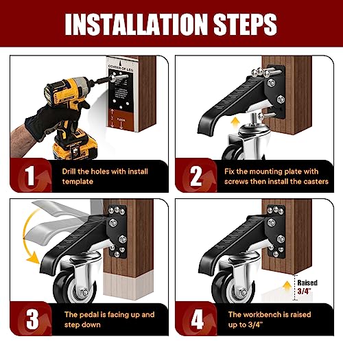 SPACECARE Workbench Casters Retractable Casters Kit 600Lbs, Retractable Casters Heavy Duty Bench Caster Wheels Workbenches Tables and Equipments, SPACECARE