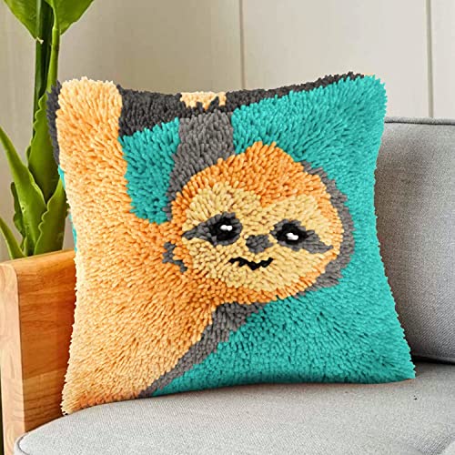 Sloth Latch Hook Cushion Kits for Adults - 17X17Inch, Latch Hook Pillow Case Kits Embroidery Kits 43X43CM, DIY Needlework Pillow Cover Cushion Rug - WoodArtSupply