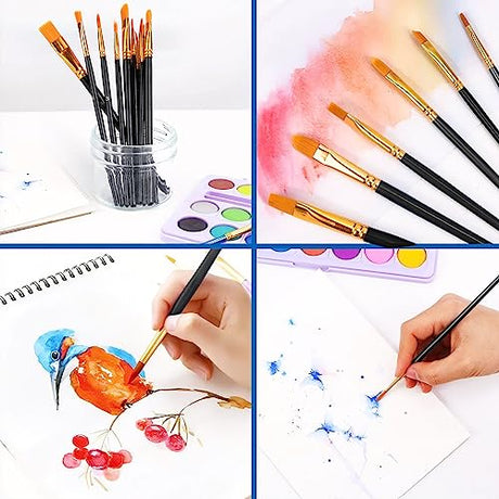 AROIC Acrylic Paint Brush Set, 2 Packs / 20 pcs Nylon Hair Brushes for All Purpose Oil Watercolor Painting Artist Professional Kits (Black) AROIC