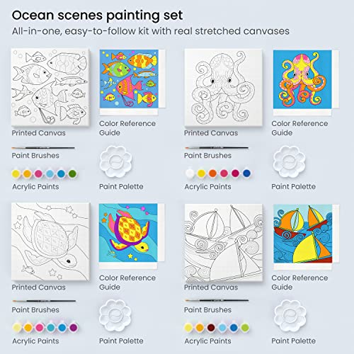 Arteza Kids Ocean Scenes Painting Kit, 4 Canvases, 8 x 8 in, 24 Acrylic Paints, 4 Paint Brushes, 4 Palettes, Kids Activities Ages 6 and Up - WoodArtSupply