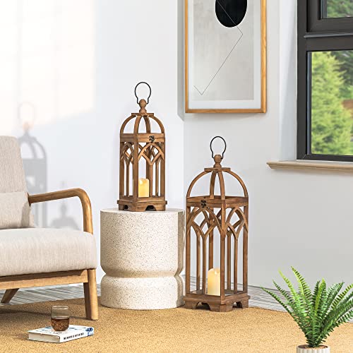 Glitzhome Farmhouse Decorative Lanterns Wooden Candle Lantern Church Window Frame Lanterns for Wedding Mantle Entryway Home Patio Balcony Garden,