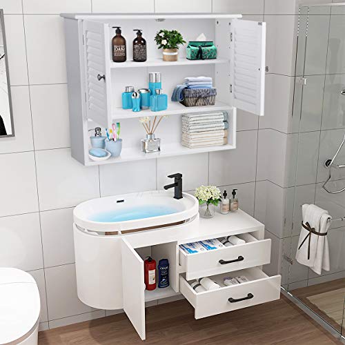 Tangkula Bathroom Wall Cabinet, Wooden Hanging Medicine Cabinet with Double Shutter Doors and Adjustable Shelf, Wall Mounted Bathroom Cabinet with