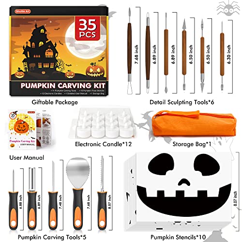 Shuttle Art 35 PCS Halloween Pumpkin Carving Kit, 11 PCS Professional Stainless Steel Pumpkin Carving Tools with 10 Stencils and 12 Electronic Shuttle Art