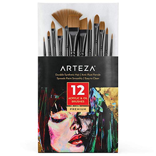 Arteza Paint Brushes, Set of 12, Premium Synthetic Acrylic & Oil Paint Brushes with Brass Ferrules & Wooden Birch Handles, Painting Art Supplies for