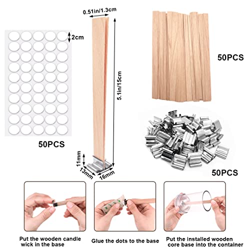 50 Pcs Wooden Candle Wicks + + 50pcs 304 Stainless Steel Base + 50 Double-Sided Stickers,Thickened Wood Wicks with Iron Stand & Candle Wick Trimmer& CKANDAY