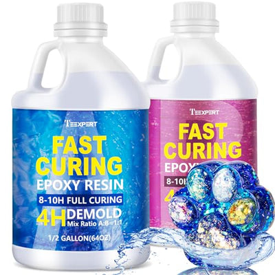 Teexpert Epoxy Resin - Fast Curing Resin 1 Gallon 4 Hours Demold Crystal Clear & Self-Leveling Casting Resin 8-10 Hours Quick Cure Epoxy Resin Kit