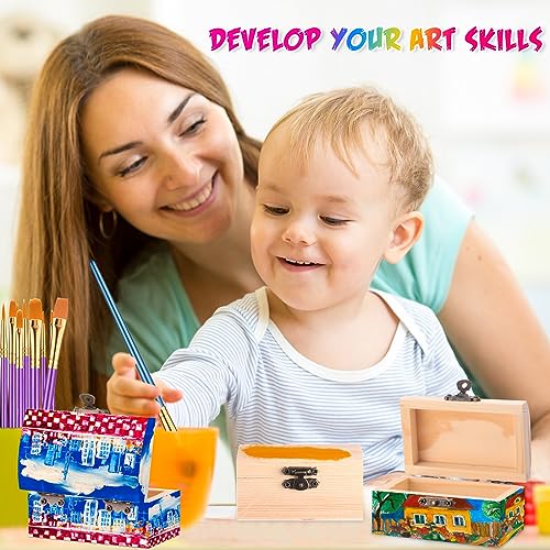 Chumia 48 Pcs Unfinished Wooden Craft Boxes with 40 Paintbrushes Small Wooden Boxes Treasure Chest with Lid and Clasp Wood Storage Box for DIY Baby Chumia