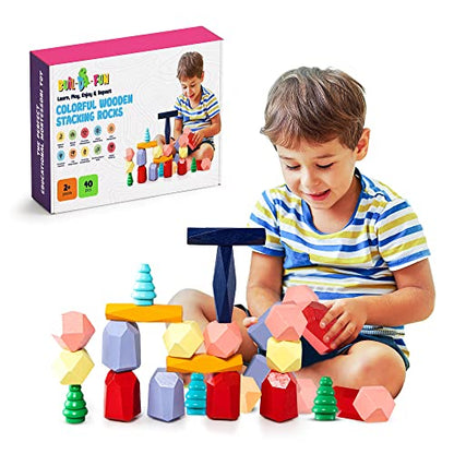 BUIL-D-FUN 40 Pcs Wooden Stacking Rocks Kids Toys, Montessori Toys for 2-6 Years Old Toddlers Kids, XL Rocks, Sensory Stem Building Stones, Balancing