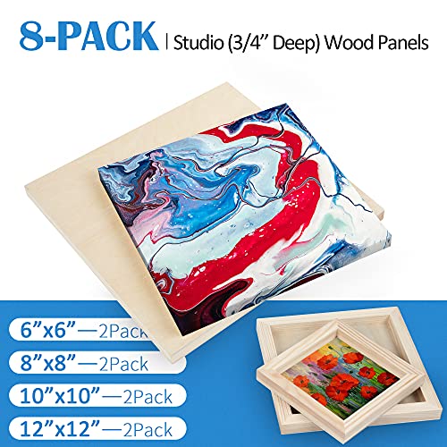 Unfinished Birch Wood Canvas Panels Kit, Falling in Art 8 Pack of 4 Sizes Studio 3/4’’ Deep Cradle Boards for Pouring Art, Crafts, Painting, and More Falling in Art