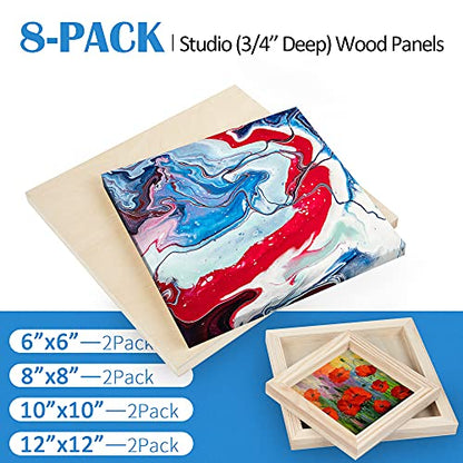 Unfinished Birch Wood Canvas Panels Kit, Falling in Art 8 Pack of 4 Sizes Studio 3/4’’ Deep Cradle Boards for Pouring Art, Crafts, Painting, and More