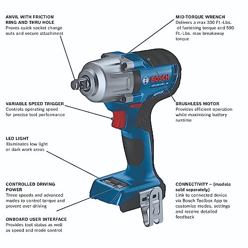 BOSCH GDS18V-330CN 18V Brushless Connected-Ready 1/2 In. Mid-Torque Impact Wrench with Friction Ring and Thru-Hole (Bare Tool) - WoodArtSupply