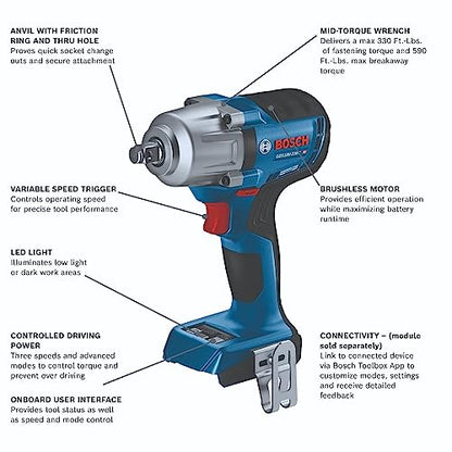 BOSCH GDS18V-330CN 18V Brushless Connected-Ready 1/2 In. Mid-Torque Impact Wrench with Friction Ring and Thru-Hole (Bare Tool) - WoodArtSupply