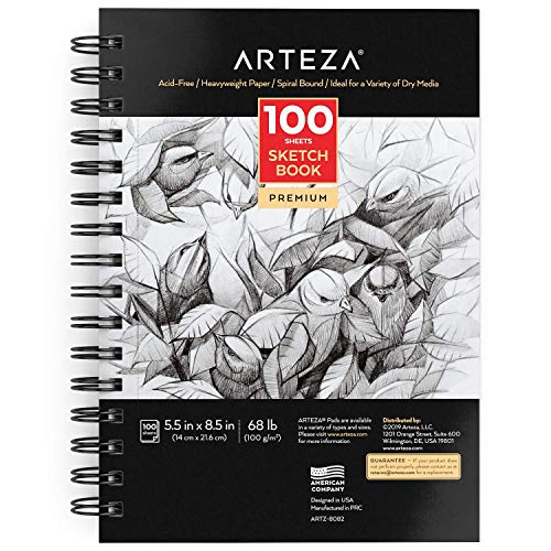 Arteza Sketchbook, 5.5 x 8.5 Inches, 100 Sheets, Spiral-Bound Pad, Acid-Free 68-lb Drawing Paper, Art Supplies for Adults & Teens ARTEZA