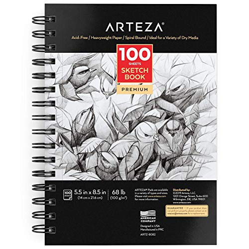 Arteza Sketchbook, 5.5 x 8.5 Inches, 100 Sheets, Spiral-Bound Pad, Acid-Free 68-lb Drawing Paper, Art Supplies for Adults & Teens - WoodArtSupply