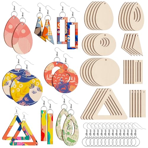 Anjmd 280 Pieces Unfinished Wooden Earrings Blanks Wooden Teardrop/Circle/Triangle/Rectangle Shapes Earrings Pendants Wood Earring Pendant Pieces
