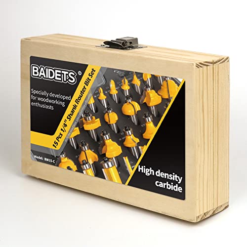 Router Bits Set 1/4 Inch Shank - Set of 15 Pieces, BAIDETS Tungsten Carbide Wood Router Bits, Woodwork Tools BAIDETS