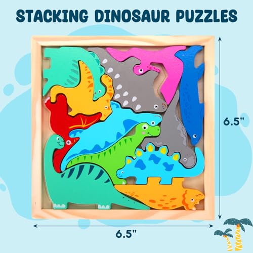 LovesTown 12PCS Stacking Dinosaur Puzzles, Preschool Wooden Dinosaur Toys Chunky Jigsaw Puzzles for Birthday Gift Kids Age 2 3 4 5 - WoodArtSupply