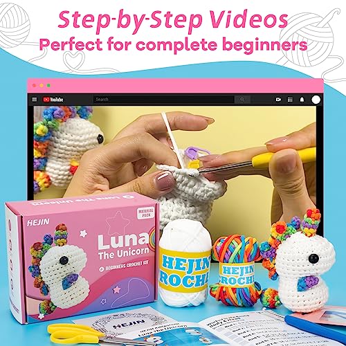 Crochet Kit for Beginners, Unicon Crochet Kits for Kids and Adults Include Rainbow Yarn, Videos Tutorials, Eyes, and Crochet Hook - Crochet Animal HEJIN