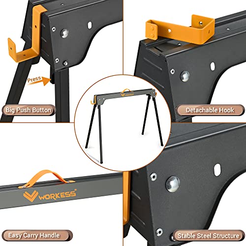 WORKESS Saw Horses 2 Pack, Heavy Duty Folding Portable Saw Horses Table 2200 Lbs Load Capacity with 2x4 Support Legs, Fast Open Legs and Easy Grip WORKESS