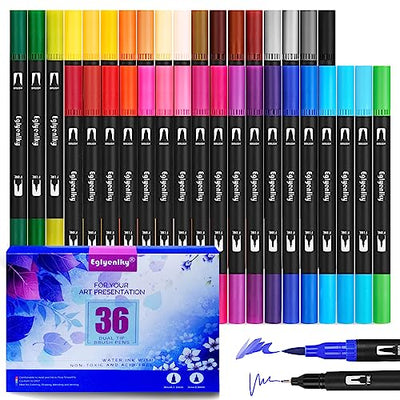 Eglyenlky 36 Coloring Markers Double Tip Brush Pens, Dual Tip Artist Fine and Brush Pen Art Colored Markers for Adult Coloring Book Kid Drawing