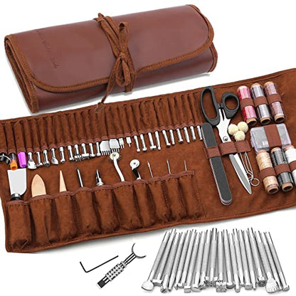 TLKKUE Leather Craft Tools Leather Working Tools Kit with Custom Storage Bag Leather Carving Tools Leather Craft Making for Cutting Punching Sewing - WoodArtSupply