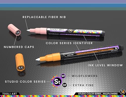28 Wildflower Colors Acrylic Paint Pens Studio Color Series Markers Set 0.7mm Extra Fine Tip, Rock Painting, Glass, Mugs, Wood, Metal, Canvas, DIY, TOOLI-ART