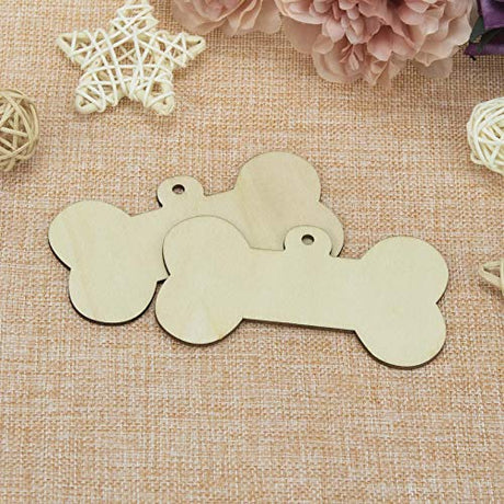 JANOU 24pcs Bone Shaped Wooden Cutouts Unfinished Wood Dog Bone Wood DIY Craft Embellishments Gift Tags Ornaments Decoration with Ropes, 4.1x2.2 in JANOU