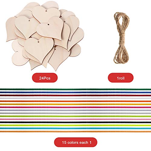 24 Pieces 4 Inch Natural Handmade Blank Wooden Heart Slices with Holes with 2m Natural Rope and 15 Colors 3 mm High Density Polyester Ribbon for Jetec