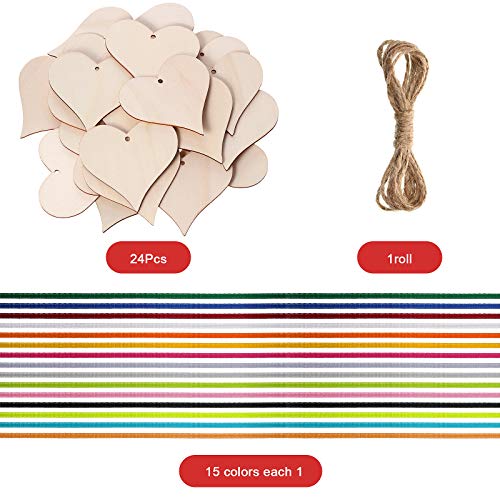 24 Pieces 4 Inch Natural Handmade Blank Wooden Heart Slices with Holes with 2m Natural Rope and 15 Colors 3 mm High Density Polyester Ribbon for - WoodArtSupply