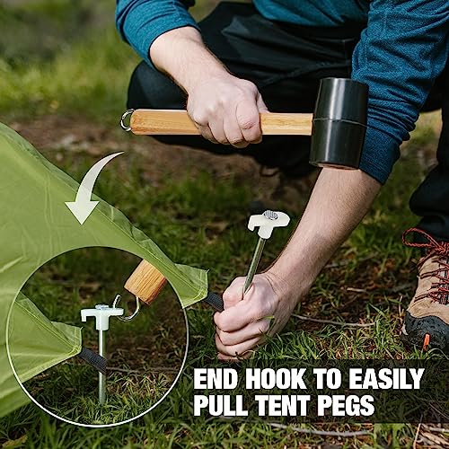 WORKPRO Tent Stakes and Hammer Set, 16oz Rubber Mallet Hammer, Wooden Handle, 10PC Heavy Duty Metal Tent Stakes and Storage Bag, DIY Woodworking, WORKPRO