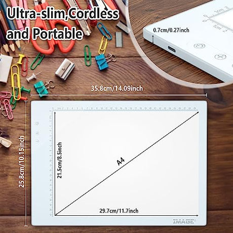 A4 LED Light Pad, IMAGE A4 Tracing Pad Rechargeable Magnetic Light Box, Cordless Ultra-Thin, Perfect for Vinyl Weeding Animation, Tattoo, Sketching IMAGE
