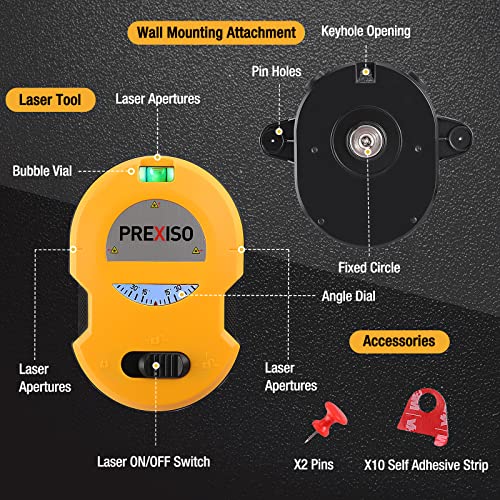 PREXISO Multi Surface Laser Level LED Light Vial, 30Ft Horizontal & Vertical Line Laser with Wall Mount Base, 2 Pins, 10 Sticker, 2 AA Batteries for Prexiso