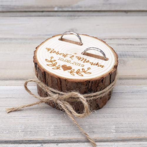 sendinglovehandmade Personalized Wedding Ring Box, Custom Ring Bearer, Rustic Wood Rings Holder, Wood Slice Ring Box, Rustic Wedding Gift