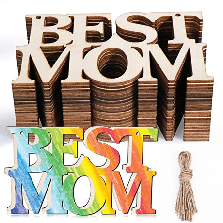 AIERSA 20Pcs Best MOM Unfinished Wood Crafts, Mothers Day Crafts for Kids, Wood Cutouts Gift Tags,Wooden Letters Ornaments with 20 Strings for Happy, AIERSA