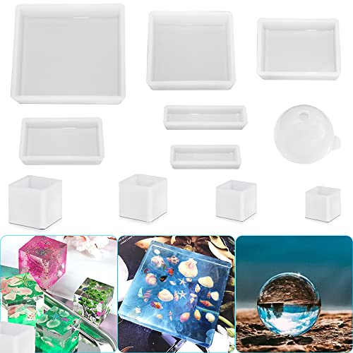 11 Pcs Resin Molds, FineGood Square Silicone Molds for Epoxy Resin Ball Epoxy Resin Molds DIY Cube Box Resin Casting Molds for Jewelry Soap Dried FineGood