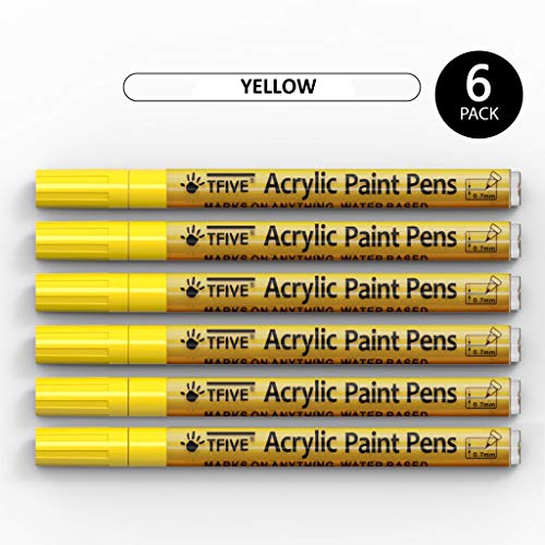 Yellow Marker Paint Pens - 6 Pack Acrylic Yellow Permanent Marker, 0.7mm Extra Fine Tip Paint Pen for Art Projects, Drawing, Rock Painting, Ceramic, TFIVE