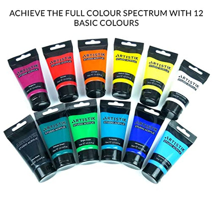 Studio Acrylic Paints - 12 x 75ml Acrylic Paint Tube Set with 3 Brushes - Premium Student Quality Highly-Pigmented Colors Non-Toxic for Canvas,