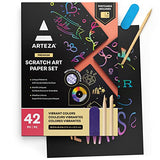 Arteza Scratch Paper, Set of 42 Sheets, 10.9 x 8.2 Inches, Includes 4 Unique Patterns, 4 Scratchers, 4 Stencils, 4 Post Cards, Art Supplies for Craft ARTEZA