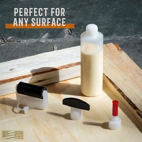 DCT Wood Glue Spreading Woodworking Kit – 8 oz Ounce Bottle, Roller Applicator, Dowel Hole Nozzle, Biscuit Slot Tip Deadwood Crafted Tools