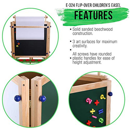 U.S. Art Supply Children's 3-Sided Art Activity Easel with Chalkboard, Large Paper Roll, Shelf & Plastic Paint Cups - WoodArtSupply