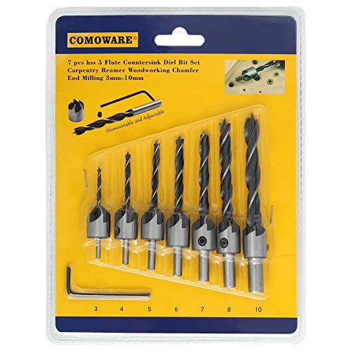 COMOWARE Countersink Drill Bits Set- 7Pcs Counter Sink Bit for Wood High Speed Steel, Woodworking Carpentry Reamer with 1 Free Hex Key Wrench - WoodArtSupply