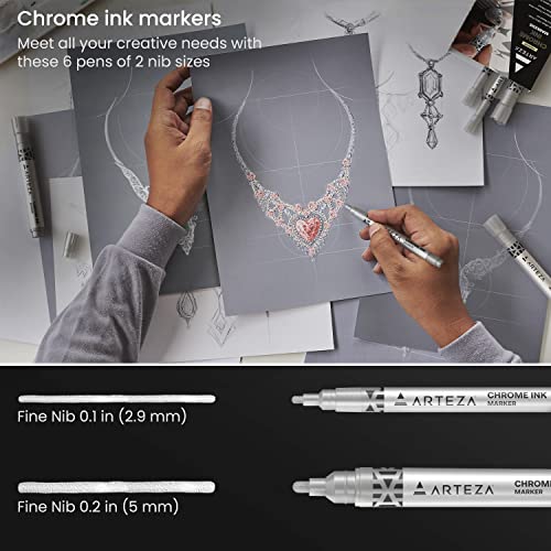 ARTEZA Mirror Chrome Marker Set, 6 Pack, 3 x 2.9mm & 3 x 5mm Nibs, Hi-Gloss Silver Metallic Pens for Eye-Catching Art on Various Surfaces, Craft ARTEZA