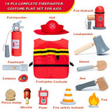 umu Firefighter Costume for Kids, 14 PCS Pretend Toy Wooden Fireman Role Play Firefighter Accessories with Fire Extinguisher and Hydrant, Fireman umu