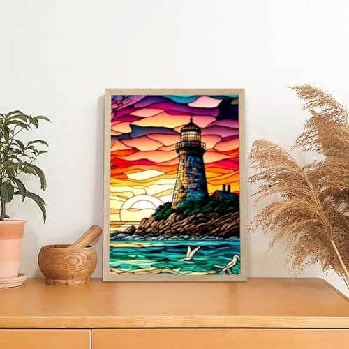 SJUTOUCI Diamond Painting Kits for Adults, Stained Glass Lighthouse Diamond Art Kits for Beginners, DIY Sunset Full Drill Tree Gem Art for Home Wall - WoodArtSupply