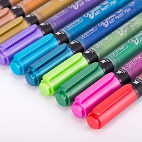 ZEYAR Dual Tip Acrylic Paint Pens 12 Metallic Colors, Board and Extra Fine Tips, Patented product, Water Based Acrylic & Waterproof Ink (12 Metallic ZEYAR