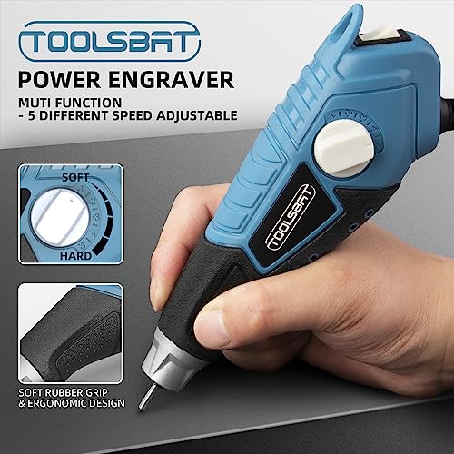 TOOLSBAT Engraver 15W Engraving Tool - Metal Engraver with 4 Tungsten Carbide Steel Bits & 2 Stencils 5 Speed Etching Tool Perfect for DIY TOOLSBAT