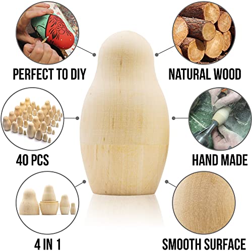 AEVVV Unfinished Nesting Dolls Lot of 10 Sets by 4 pcs - Blank Nesting Dolls - Unpainted Dolls - Wooden Things to Paint AEVVV